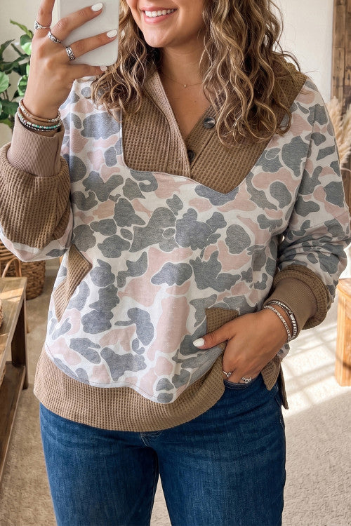 Camouflage Print Waffled Patchwork Loose Pullover Hoodie