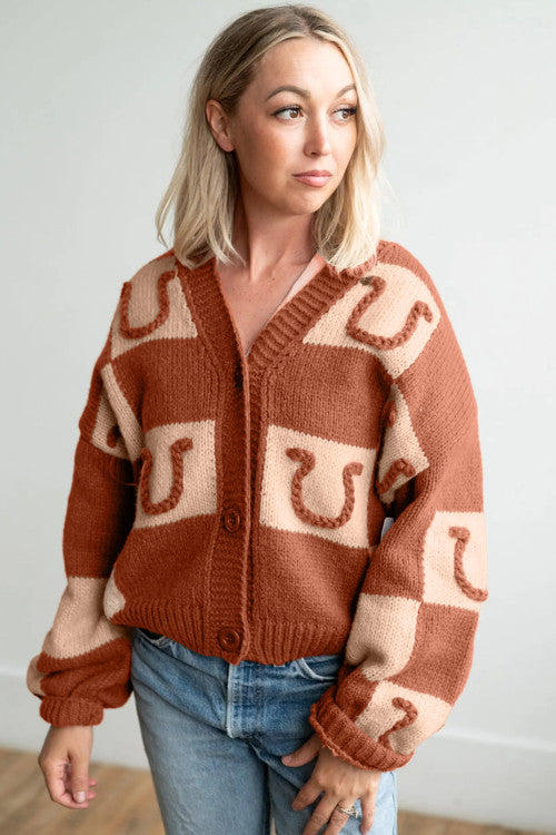 Brown Horseshoe Plaid V Neck Knit Button Front Sweater Cardigan
