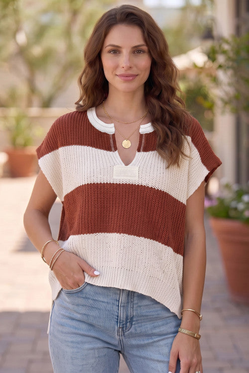 Brown Stripe Striped Colorblock Knit V Neck Short Sleeve Loose Sweater