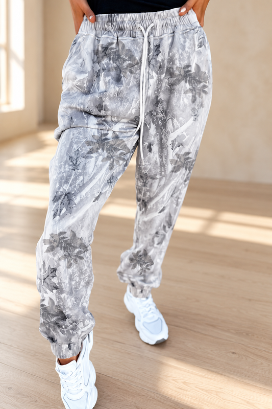 Gray Camo Print Cozy Drawstring Elastic Waist Jogger Pants