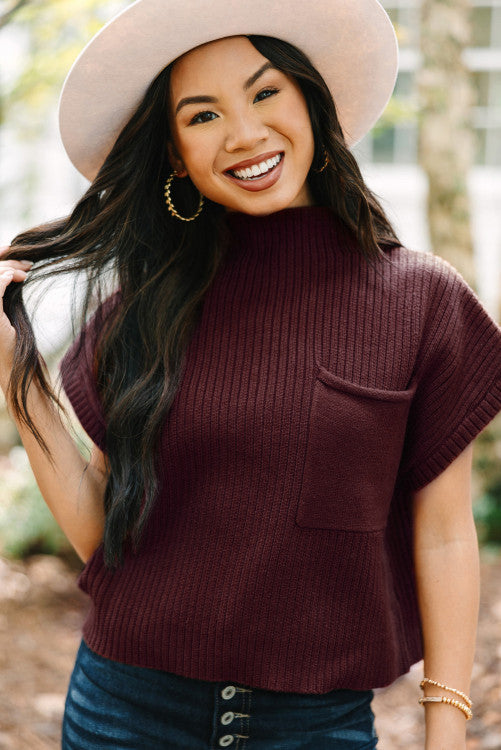 Pocket Ribbed Knit Short Sleeve Sweater -Maroon