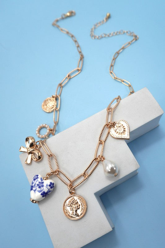 Blue Floral Heart Charm Necklace