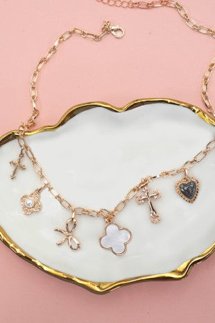 Clover, Bow & Cross Charm Necklace