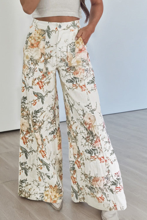 Vintage Style Floral Print High Waist Wide Leg Jeans