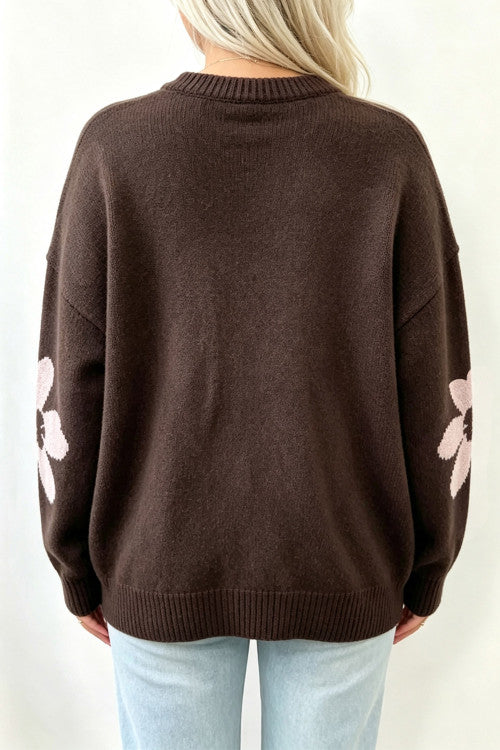 Coffee Cozy Floral Print Round Neck Dropped Shoulder Casual Sweater