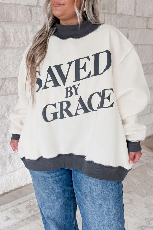 Beige SAVED BY GRACE Letter Print Color Block Mock Neck Plus Size Sweatshirt