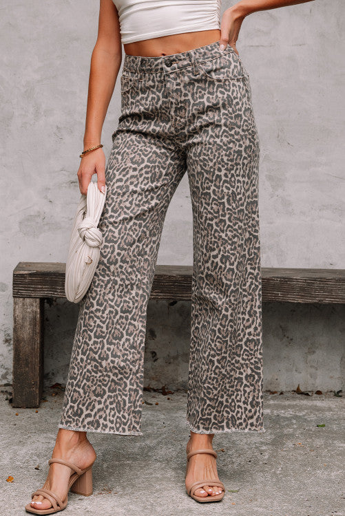 Leopard Frayed Wide Leg Pants