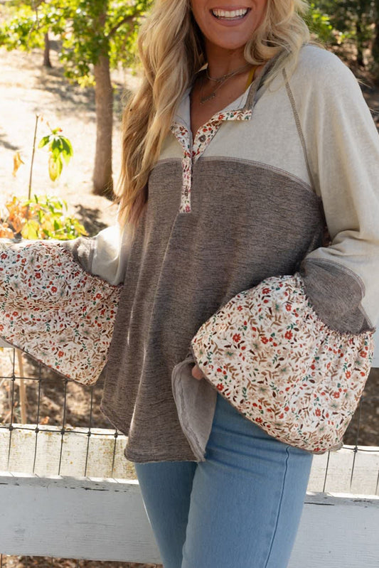 Floral Half Button Long Sleeve T-Shirt