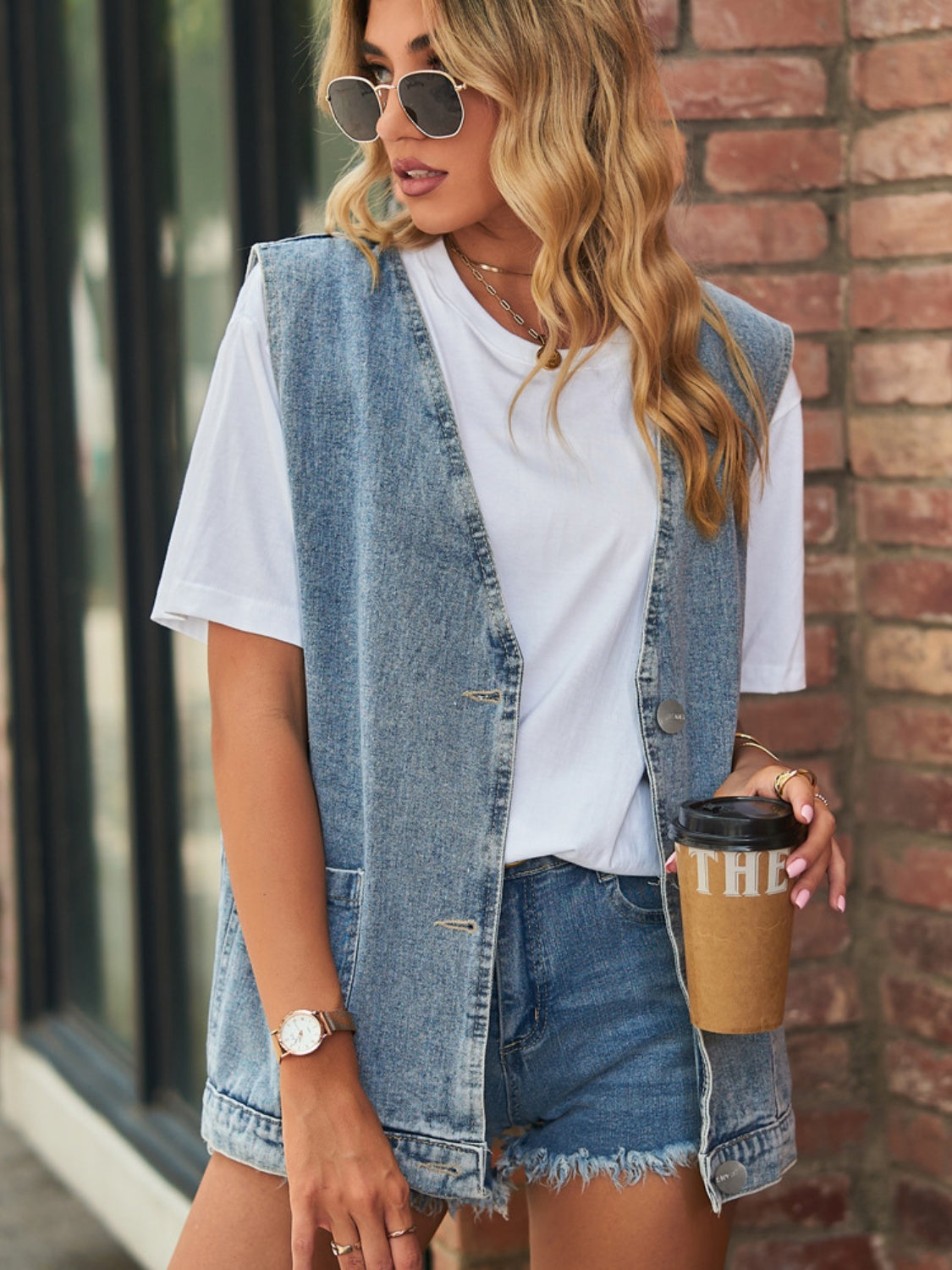 Full Size V-Neck Button Up Denim Vest