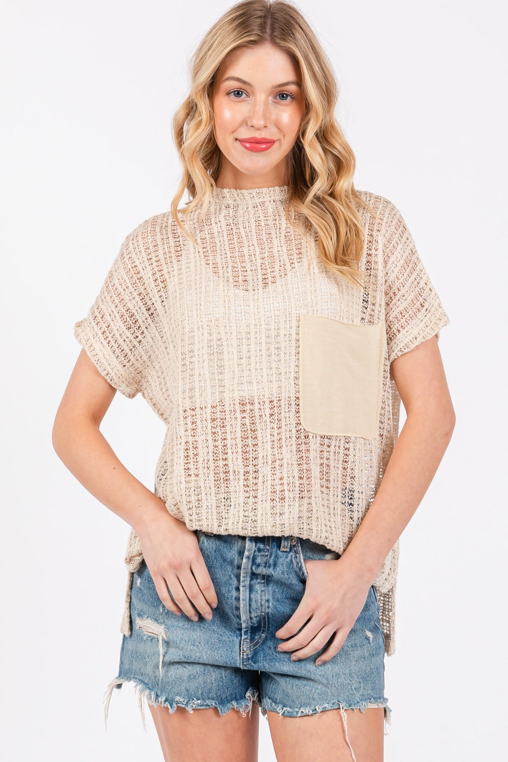 Ces Femme See Through Crochet Mock Neck Cover Up