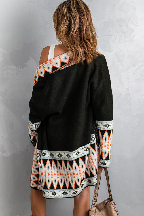 Geometric Open Front Long Sleeve Cardigan