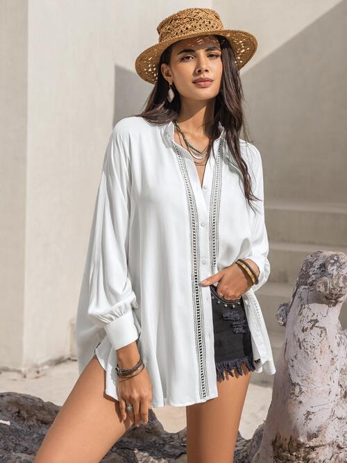 Openwork Button Up Long Sleeve Shirt