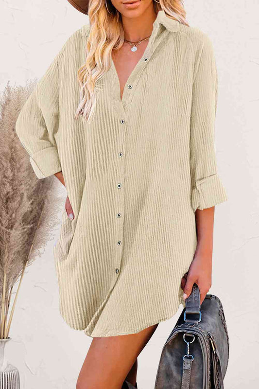 Ribbed Button Up Mini Shirt Dress