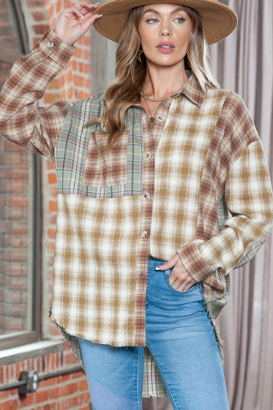 Plaid Collared Neck Long Sleeve Shirt