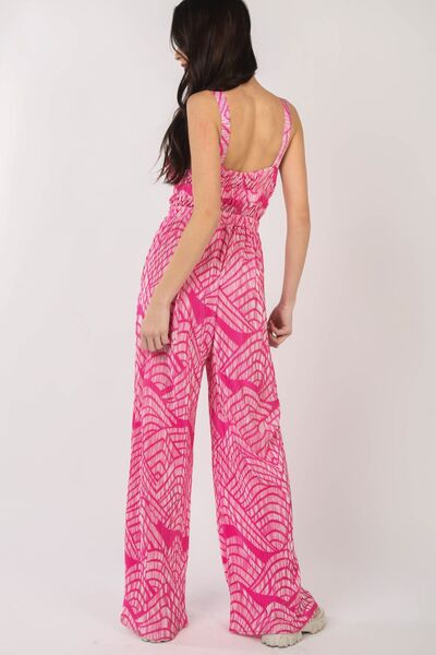 VERY J Printed Pleated Sleeveless Wide Leg Jumpsuit